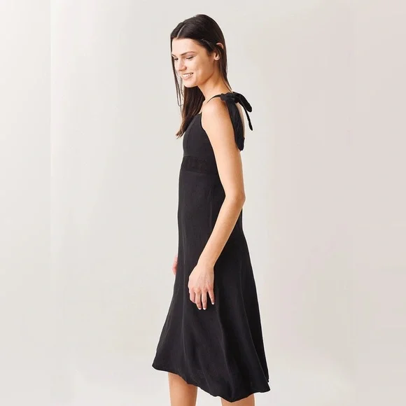 Honorine / Claudette Flared Linen Dress Black midi tie shoulder small S
